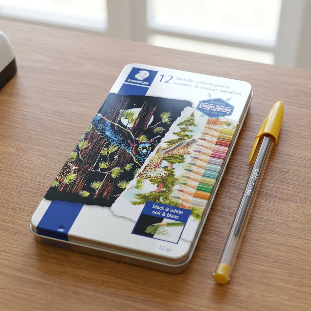 Hero shot of Staedtler Metallic Colored Pencil set in a metal tin, containing 12 assorted metallic color pencils, featuring an ornate owl illustration on the lid.
