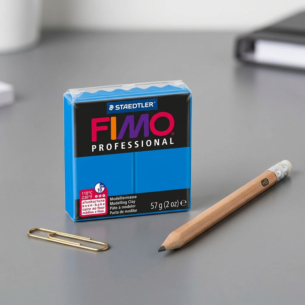 A crisp, high-resolution hero shot of Staedtler Fimo Professional True Blue modeling clay (57g, 2 oz), SKU 8005-300, on a pure white background.