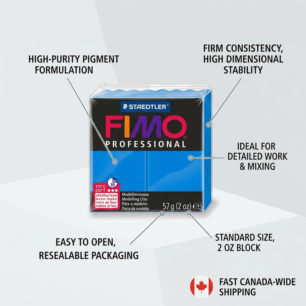 FIMO Professional – Pâte bleu pur 57 g, réf. 8005-300 — caractéristiques illustrées
