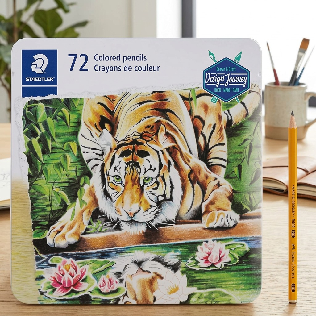 A high-resolution, centered view of the STAEDTLER Design Journey 72 Col Pencil Tri tin on a pure white background.