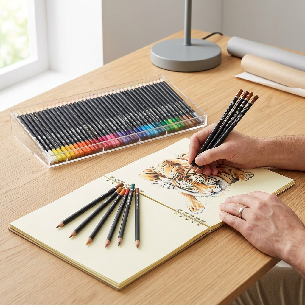 STAEDTLER 72 crayons couleur triangulaires 3 mm, réf. 1278CM72A602 — présentation en utilisation