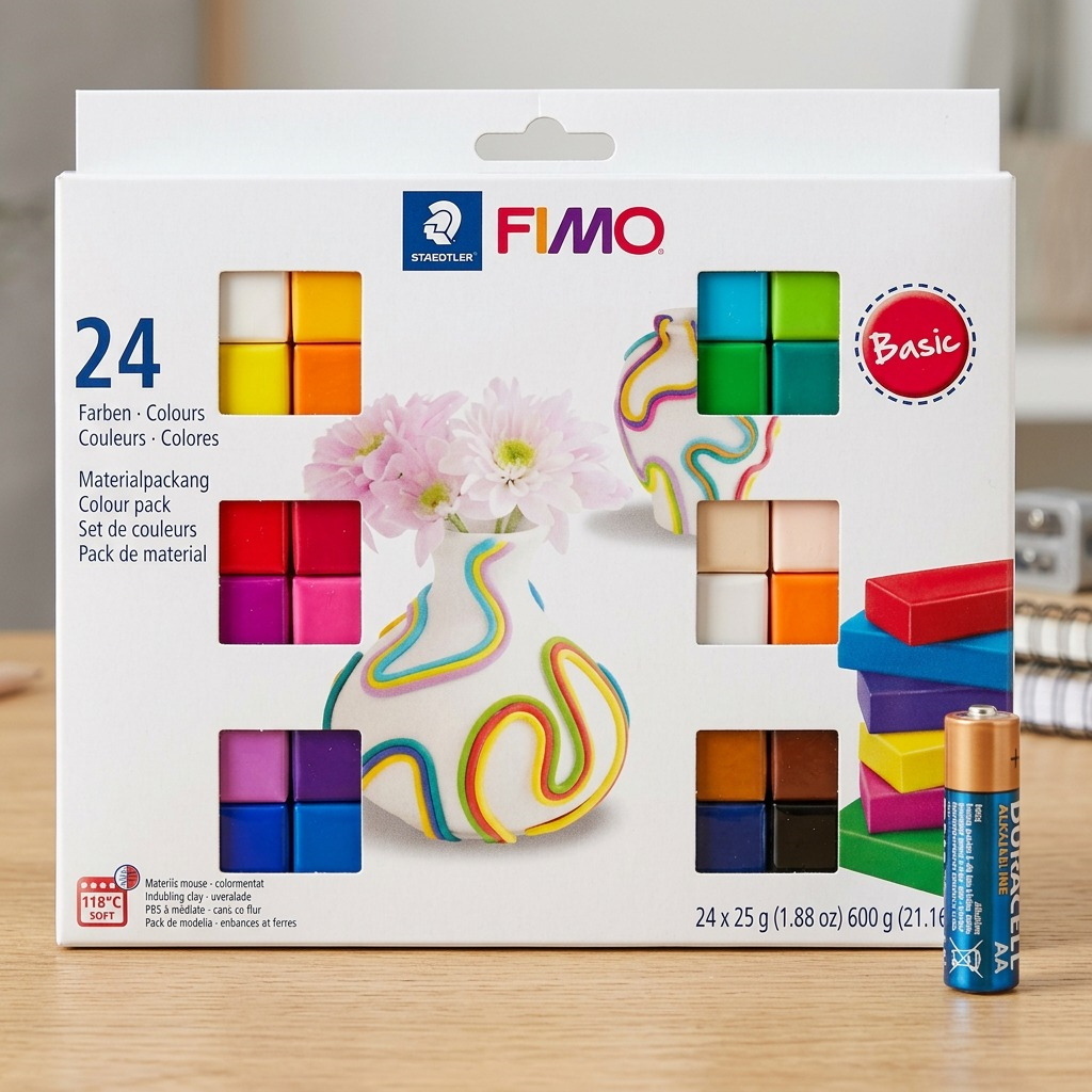 STAEDTLER Fimo Soft Basic Colors 24-set showcasing the stack of vibrant, individually color-labeled clay blocks.