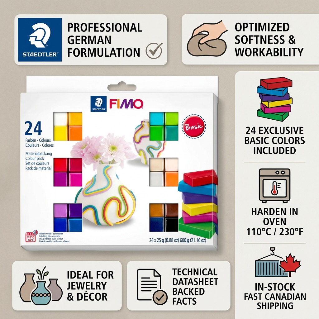 FIMO Soft – Lot de 24 couleurs de base, réf. 8023-C24-1 — caractéristiques illustrées