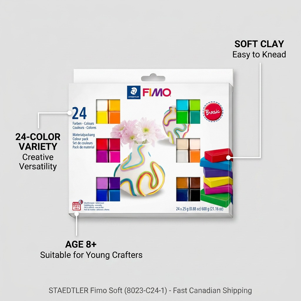 FIMO Soft – Lot de 24 couleurs de base, réf. 8023-C24-1 — caractéristiques illustrées