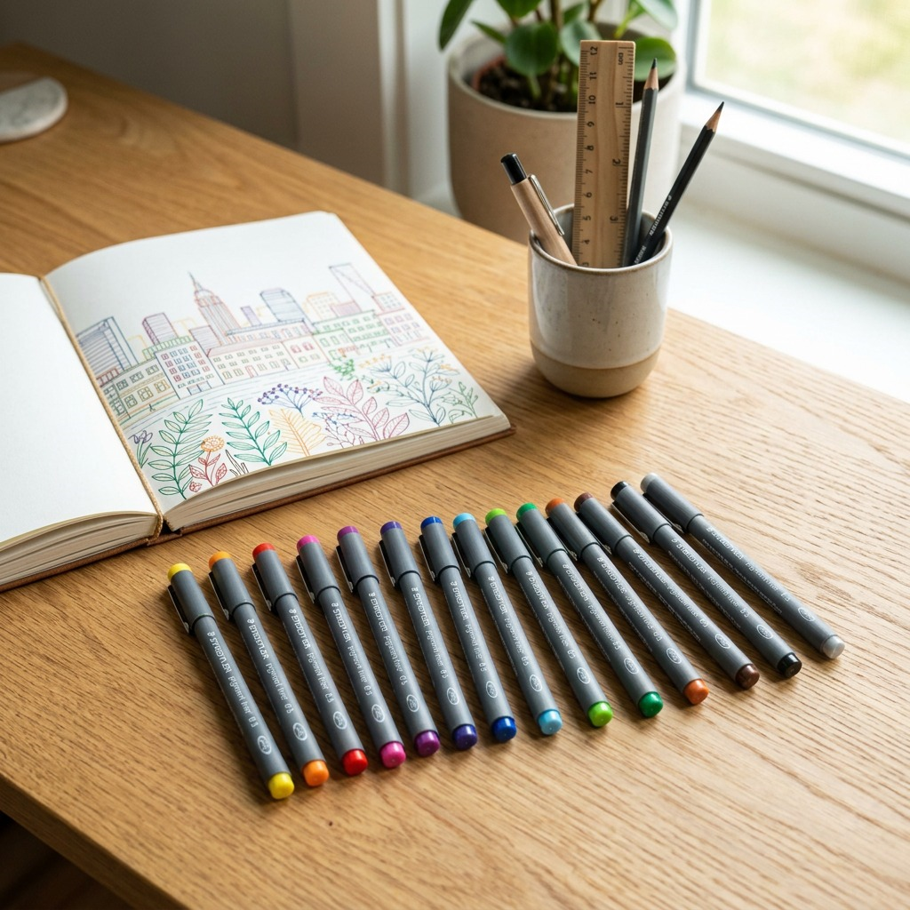 STAEDTLER Pigment Liner – fineliners 0,5 mm, couleurs assorties, réf. 308SBK12A6 — gros plan des détails