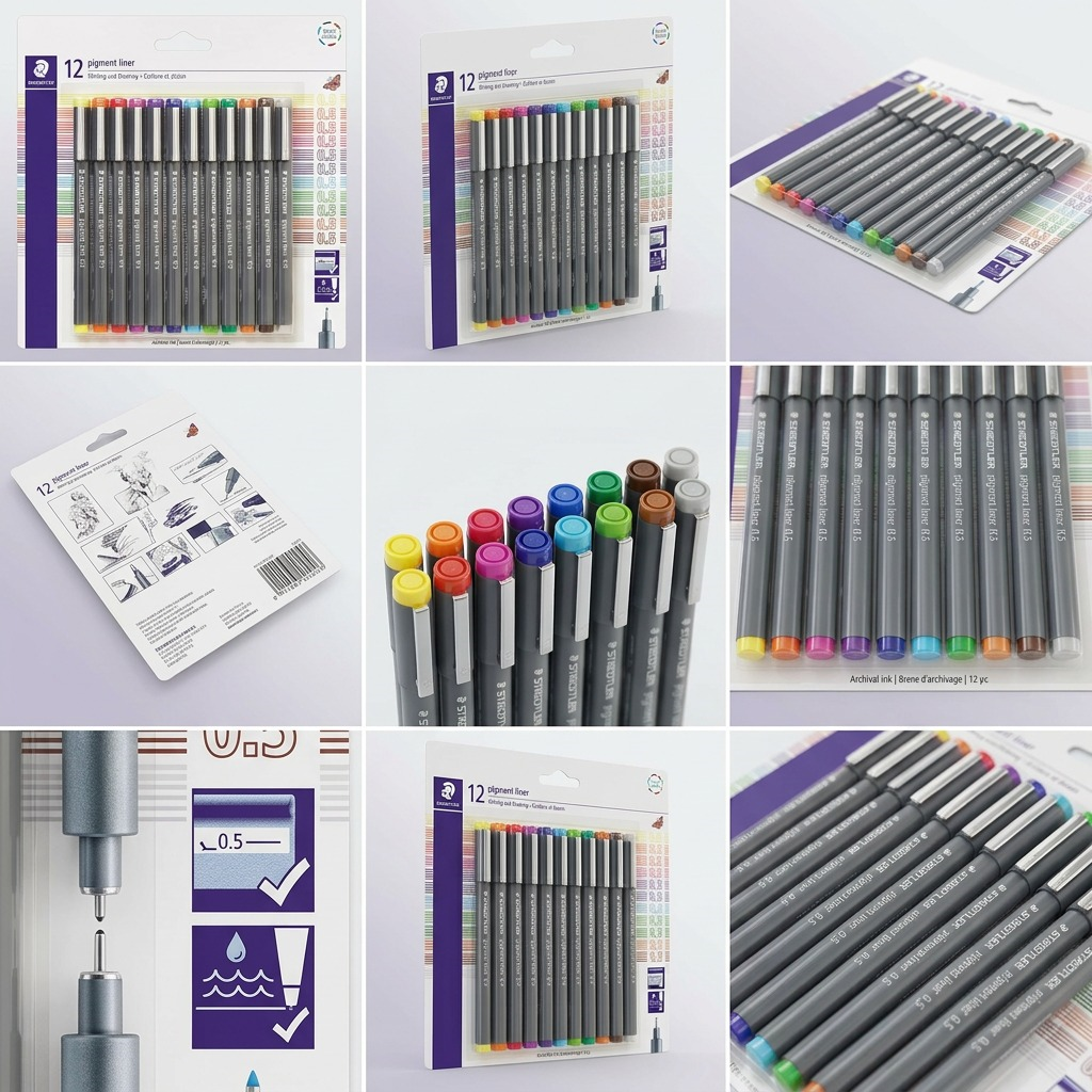 STAEDTLER Pigment Liner – fineliners 0,5 mm, couleurs assorties, réf. 308SBK12A6 — vue du produit sur fond clair