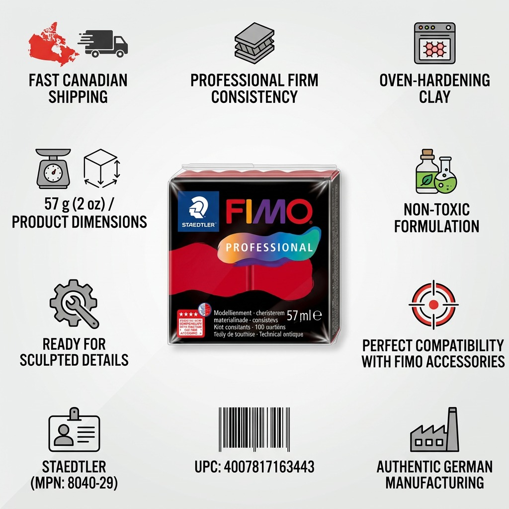 FIMO Professional – Pâte carmin 57 g, réf. 8040-29 — caractéristiques illustrées