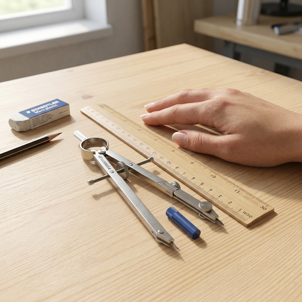 A high-resolution ecommerce hero shot of the STAEDTLER bow compass and lead tube against a pure white background.