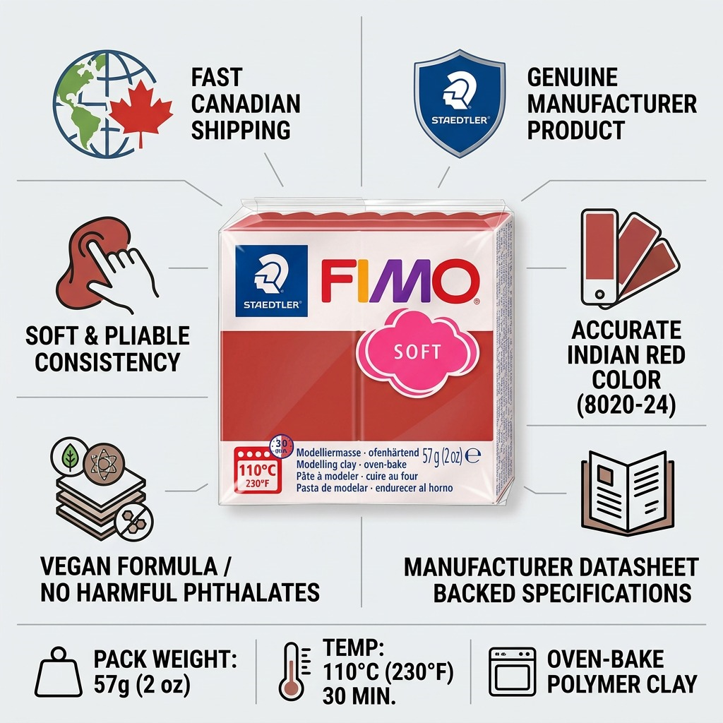 FIMO Soft – Pâte rouge indien 57 g, réf. 8020-24 — caractéristiques illustrées