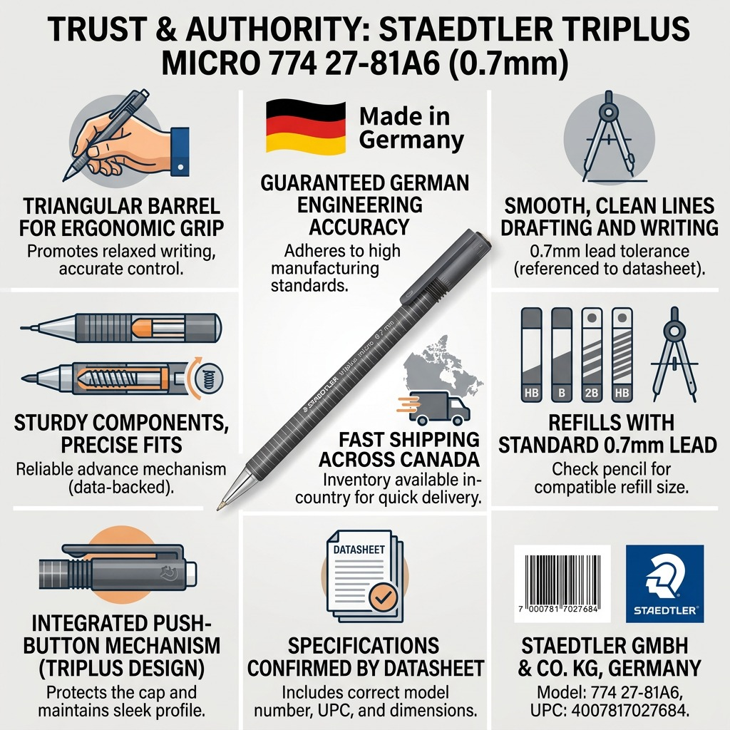 STAEDTLER triplus – Porte-mine 0,7 mm anthracite, réf. 77427-81A6 — caractéristiques illustrées