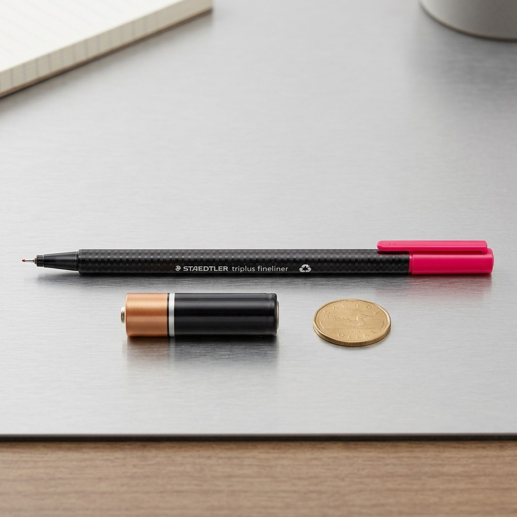 A horizontal macro-view eCommerce hero shot of the iconic black and hot-pink STAEDTLER triplus Fineliner, centered on a pure white background.