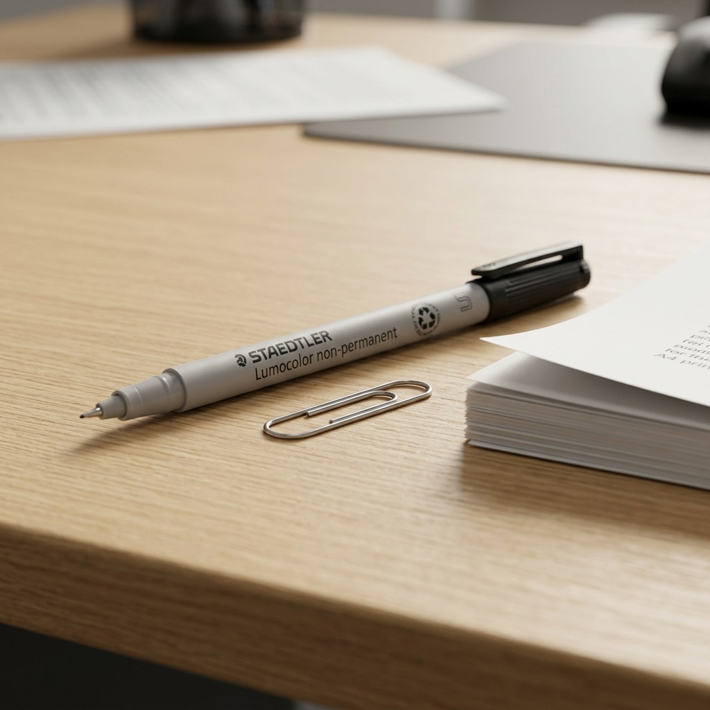 High-resolution hero shot of STAEDTLER Lumocolor non-permanent superfine pen on a pure white background.