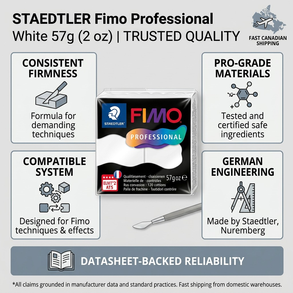 FIMO Professional – Pâte blanche 57 g, réf. 8040-0 — caractéristiques illustrées