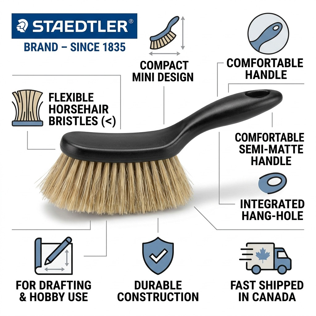 STAEDTLER – Brosse à dessin miniature, réf. 989-01BK-03 — caractéristiques illustrées