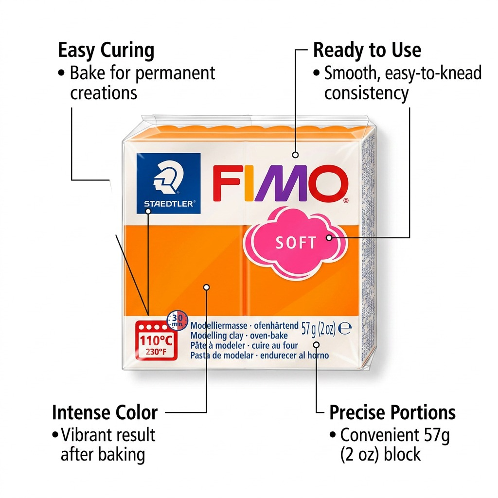 FIMO Soft – Pâte mandarine 57 g, réf. 8020-42 — caractéristiques illustrées