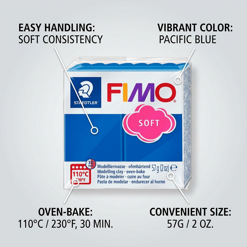 FIMO Soft – Pâte bleu Pacifique 57 g, réf. 8020-37 — caractéristiques illustrées