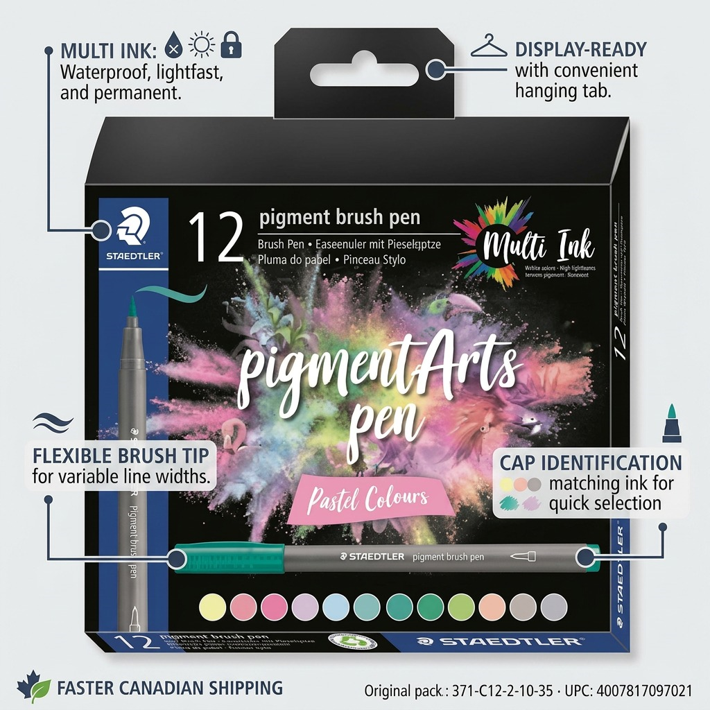 STAEDTLER Pigment Arts Brush – Lot de 12 couleurs pastel, réf. 371-C12-2-10-35 — présentation des caractéristiques