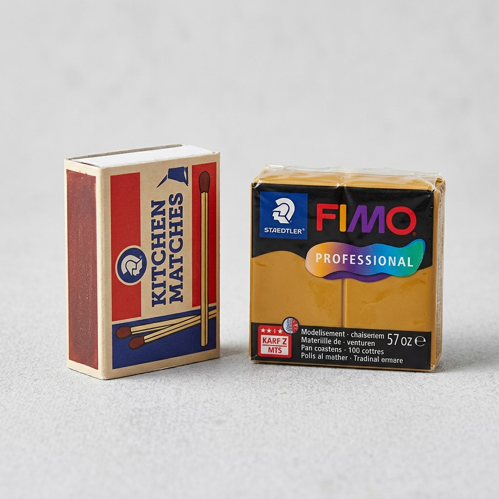 High-resolution hero shot of STAEDTLER FIMO Professional Ochre modelling clay, showing its 57g bar and specific yellow-ochre color, on a pure white background.