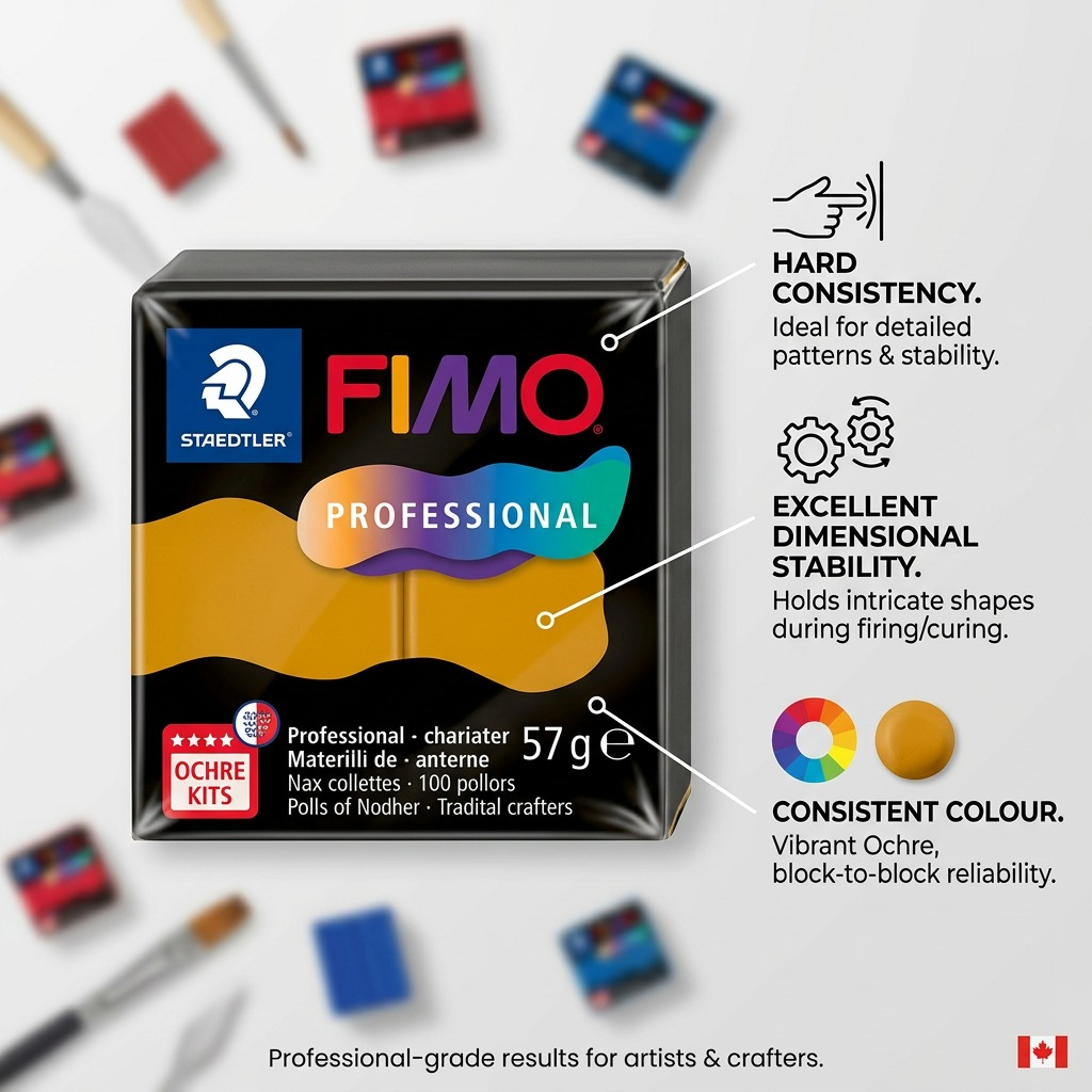 FIMO Professional – Pâte ocre 57 g, réf. 8040-17 — caractéristiques illustrées