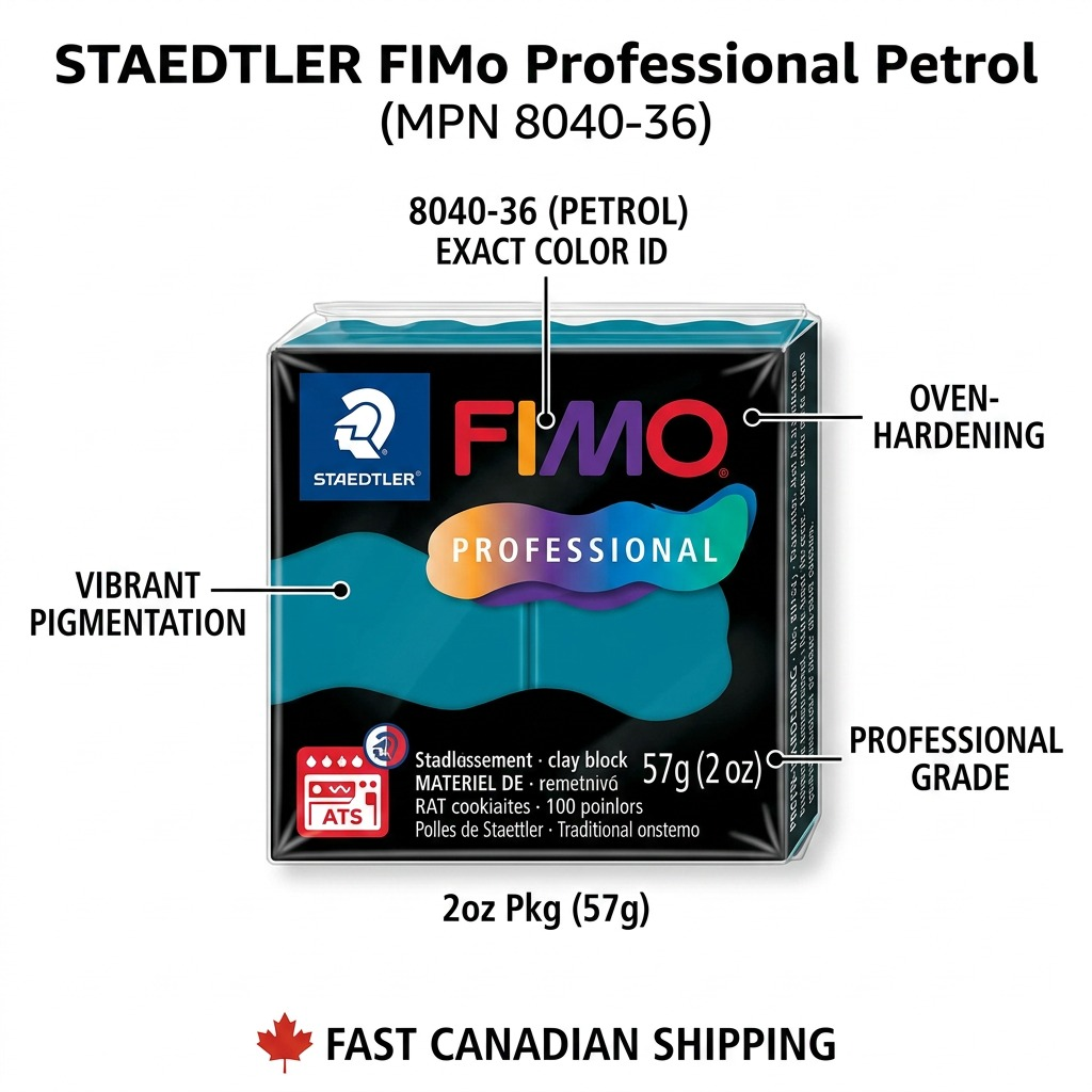 FIMO Professional – Pâte bleu pétrole 57 g, réf. 8040-36 — caractéristiques illustrées