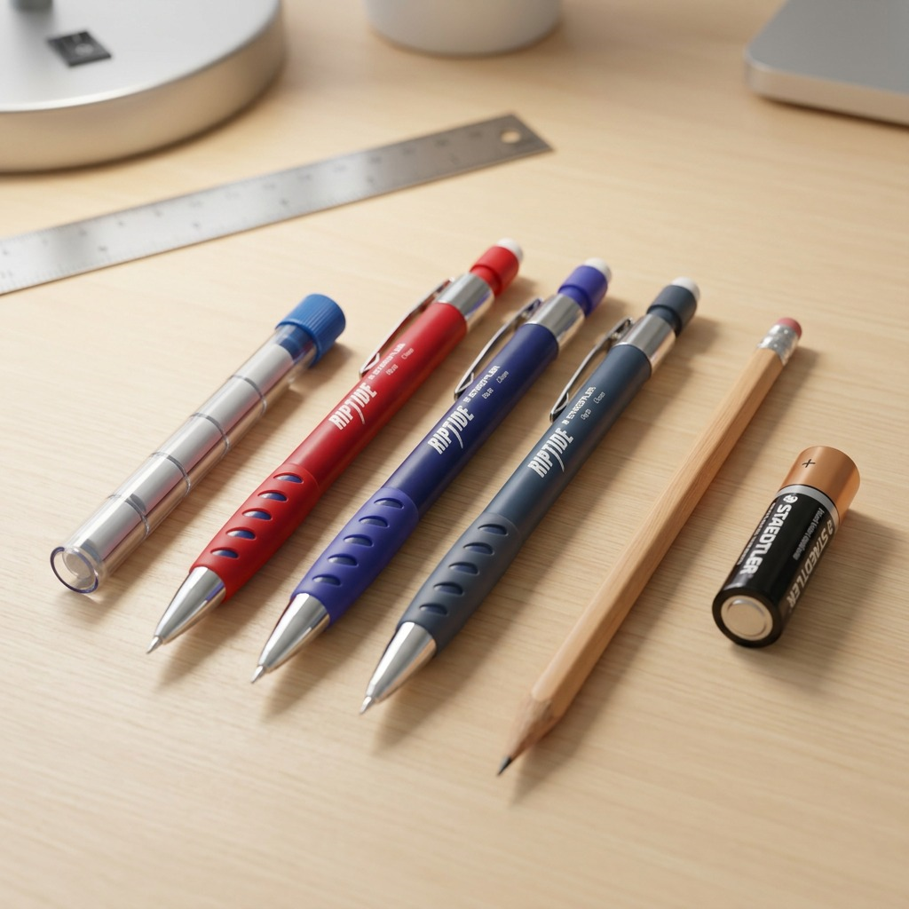 A high-resolution product shot of two STAEDTLER RIPTIDE 0.5mm mechanical pencils (one blue, one red) centered on a pure white background.