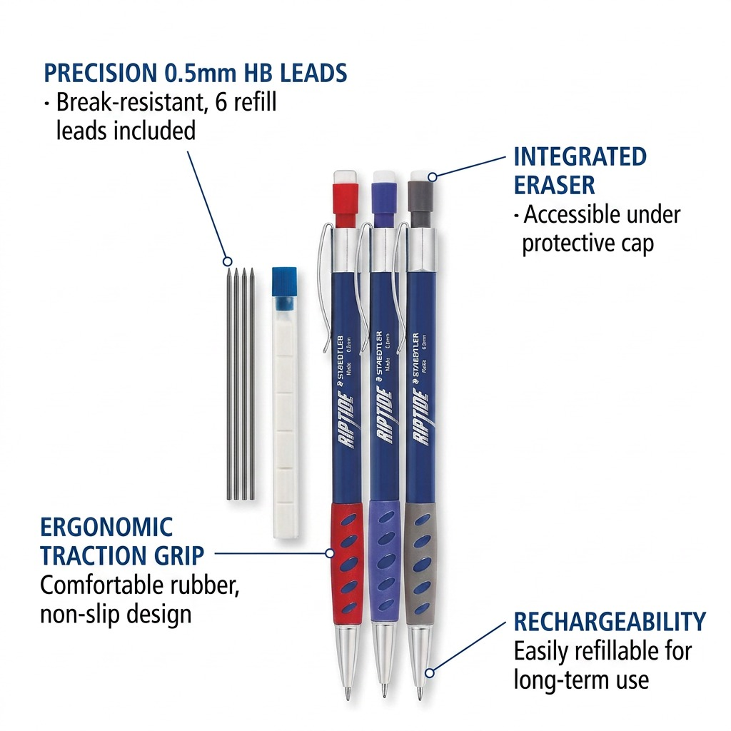STAEDTLER Riptide – Porte-mine 0,5 mm, réf. 984-05ABK302 — caractéristiques illustrées
