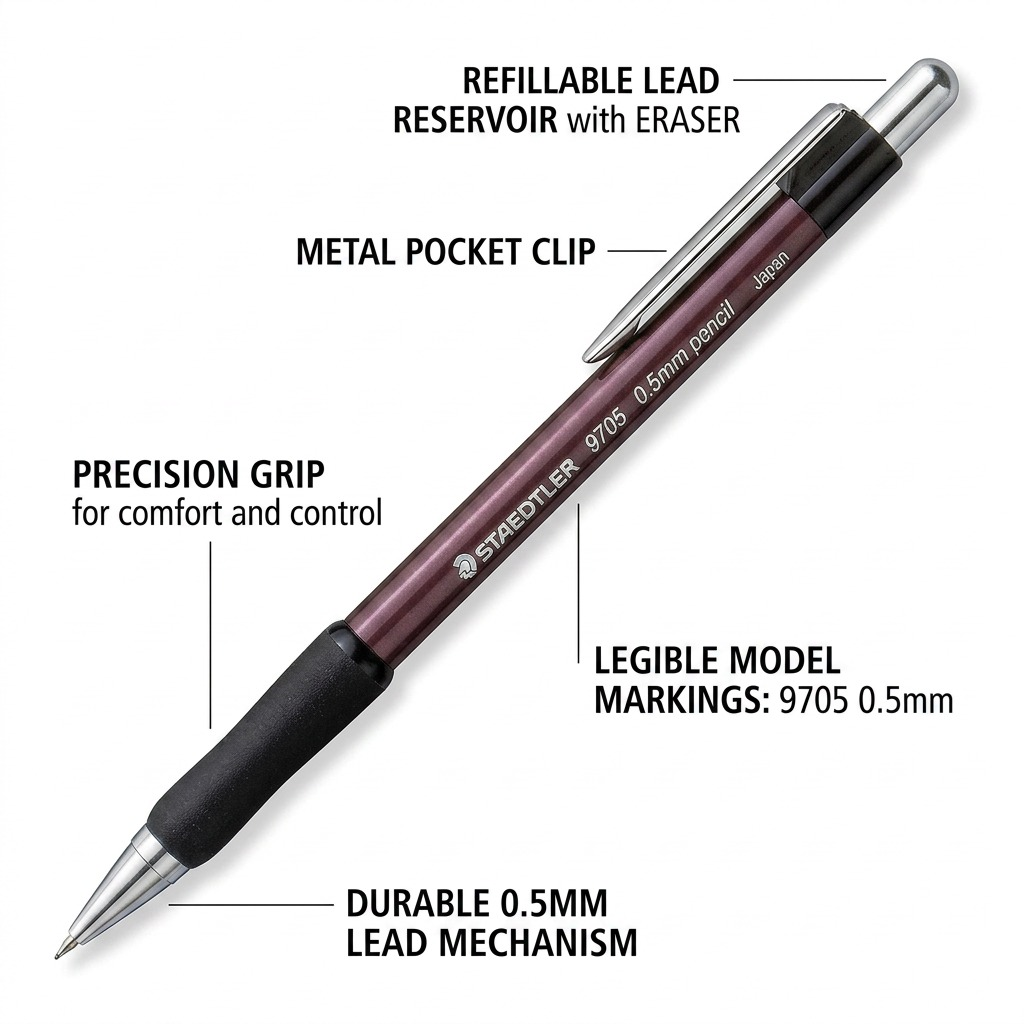 STAEDTLER Elite – Porte-mine 0,5 mm, couleurs assorties, réf. 9705S — caractéristiques illustrées
