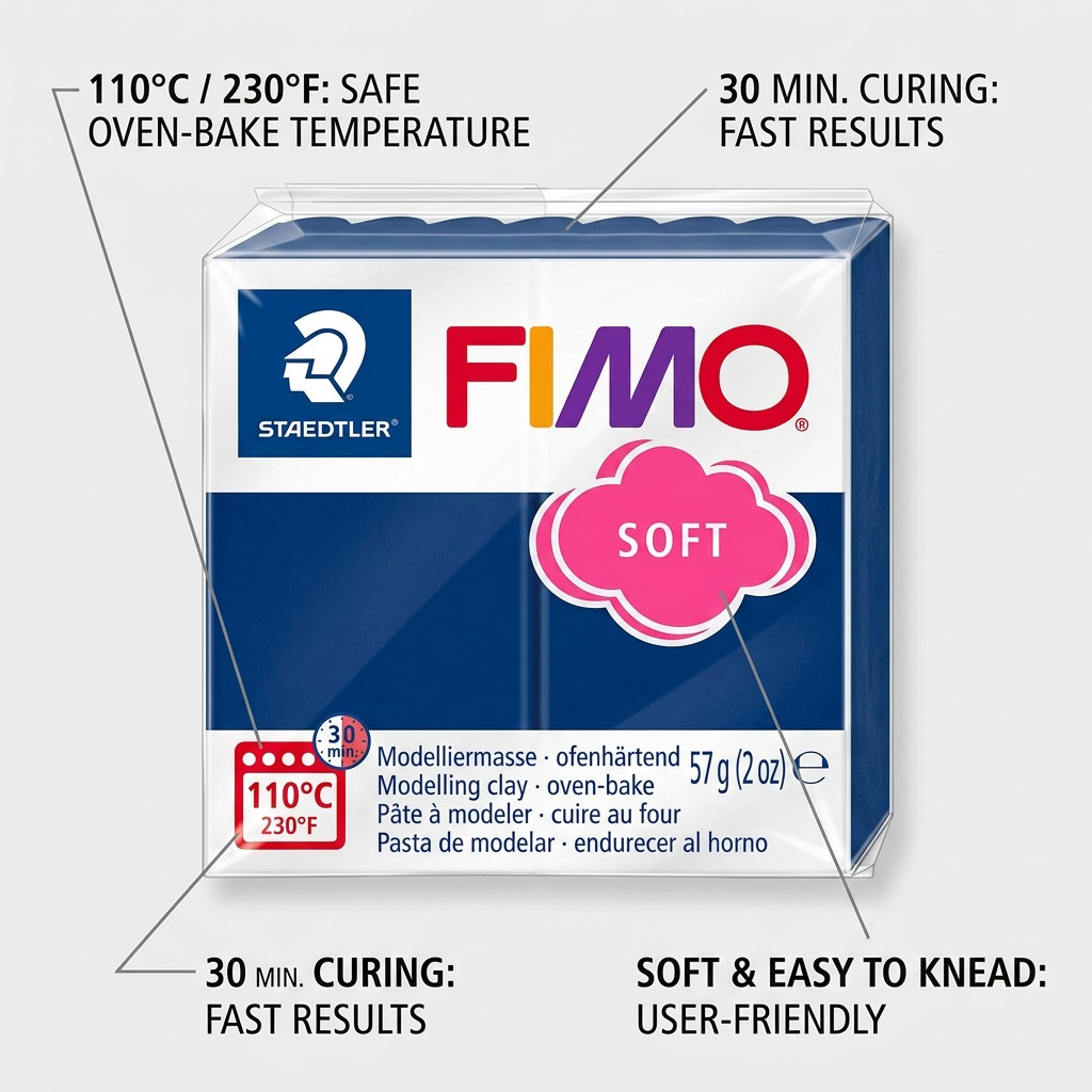 FIMO Soft – Pâte bleu Windsor 57 g, réf. 8020-35 — caractéristiques illustrées