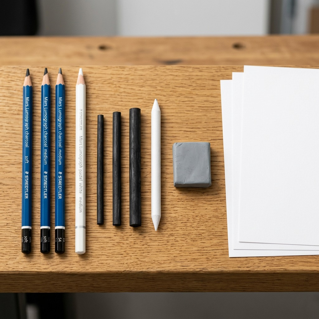 A professional, high-resolution product shot of the STAEDTLER Mars Lumograph Charcoal 7-piece set on a white background.