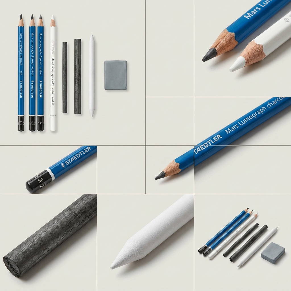 STAEDTLER Mars Lumograph Charcoal – Lot de dessin au fusain, 7 pièces, réf. 61-100CC7-NA — présentation en utilisation