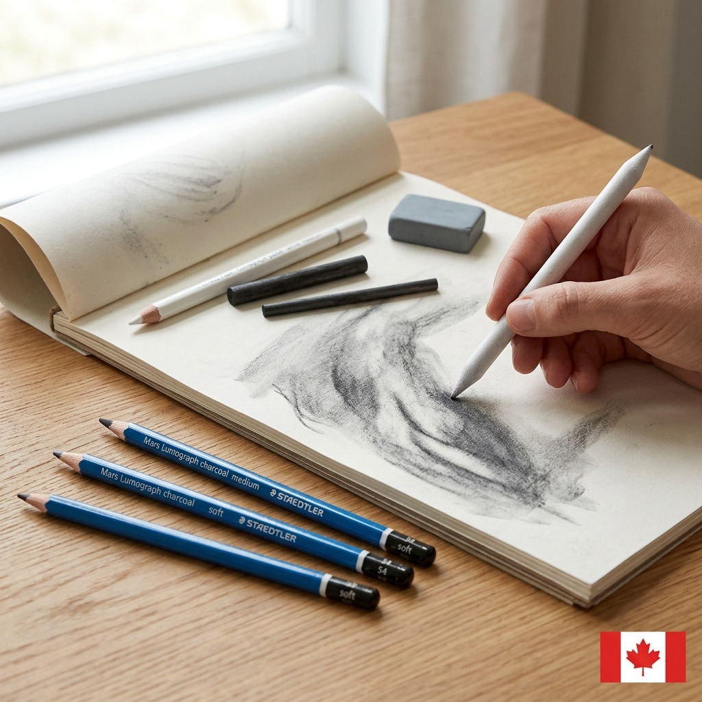 STAEDTLER Mars Lumograph Charcoal – Lot de dessin au fusain, 7 pièces, réf. 61-100CC7-NA — présentation en utilisation