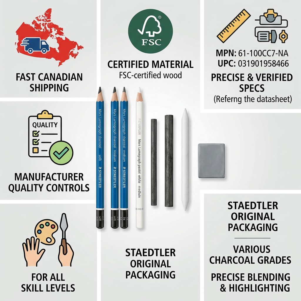 STAEDTLER Mars Lumograph Charcoal – Lot de dessin au fusain, 7 pièces, réf. 61-100CC7-NA — caractéristiques illustrées