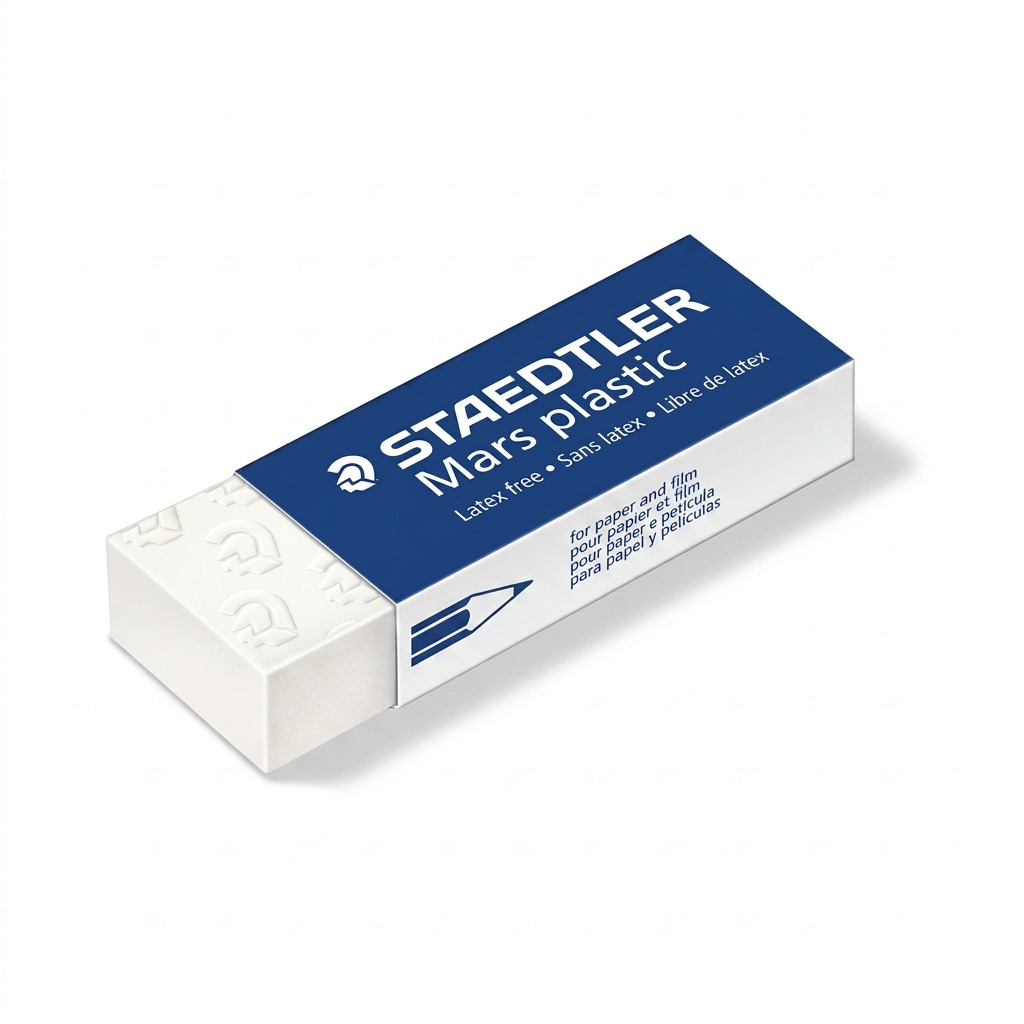 STAEDTLER Mars plastic – Gomme à effacer blanche, réf. 526-50-UP-04PE — vue sur fond clair