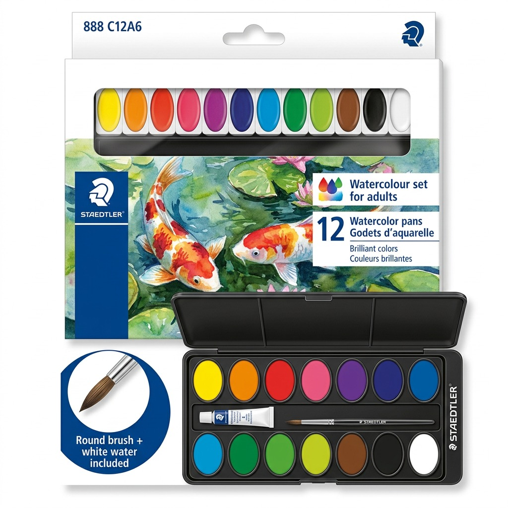 STAEDTLER – Lot de peinture aquarelle avec pinceau, réf. 888-C12A6-02 — vue sur fond clair