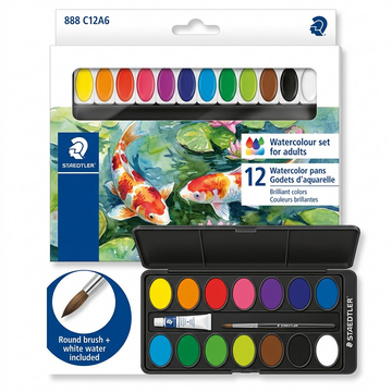 STAEDTLER – Lot de peinture aquarelle avec pinceau, réf. 888-C12A6-02 — vue sur fond clair