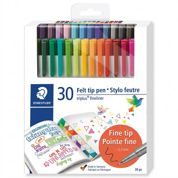 STAEDTLER triplus fineliner – Lot de 30 fineliners 0,3 mm, réf. 334-C30-LU — présentation de l’ensemble ou de l’emballage