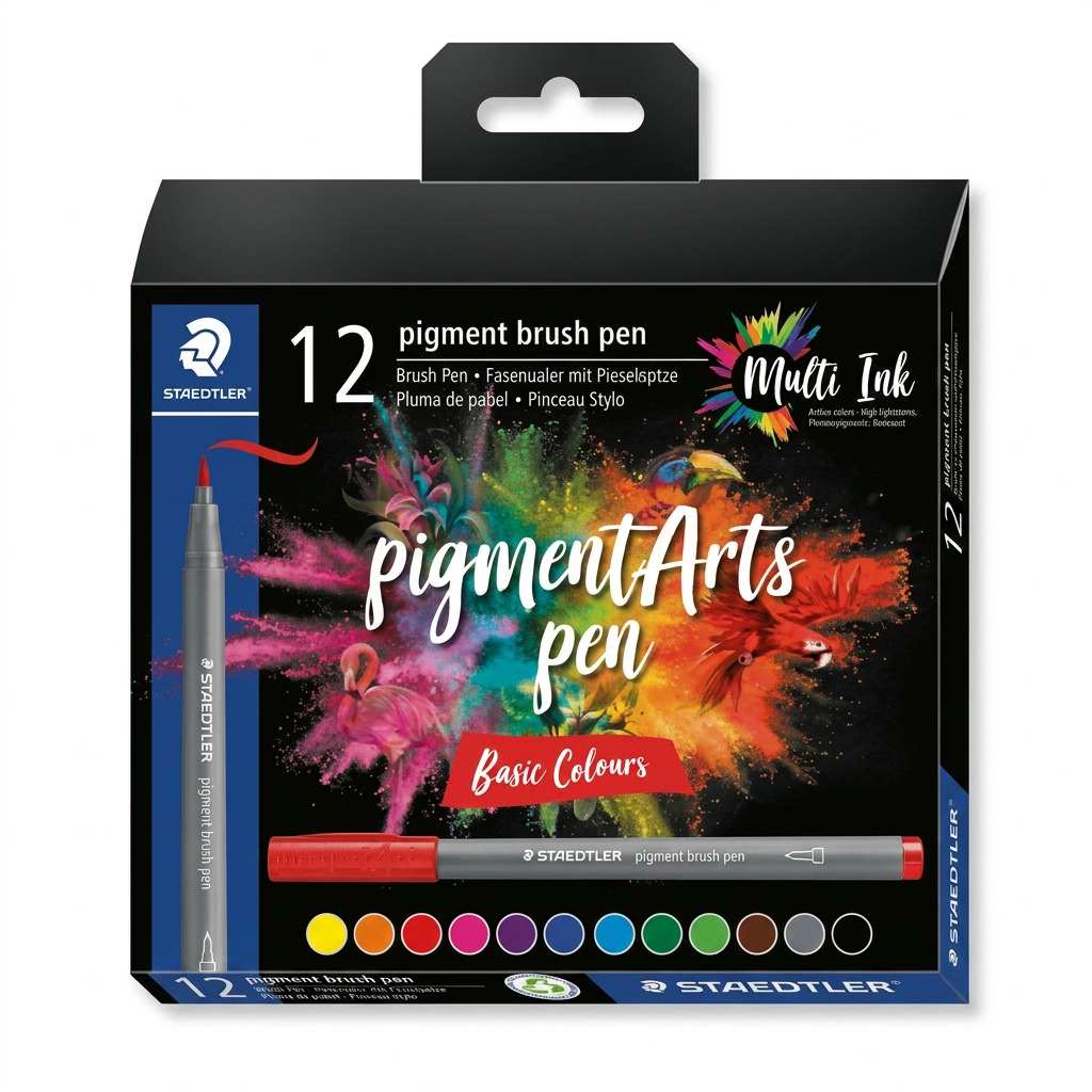 STAEDTLER Pigment Arts Brush – Lot de couleurs de base, réf. 371-C12-1-10-35 — présentation de l’ensemble ou de l’emballage