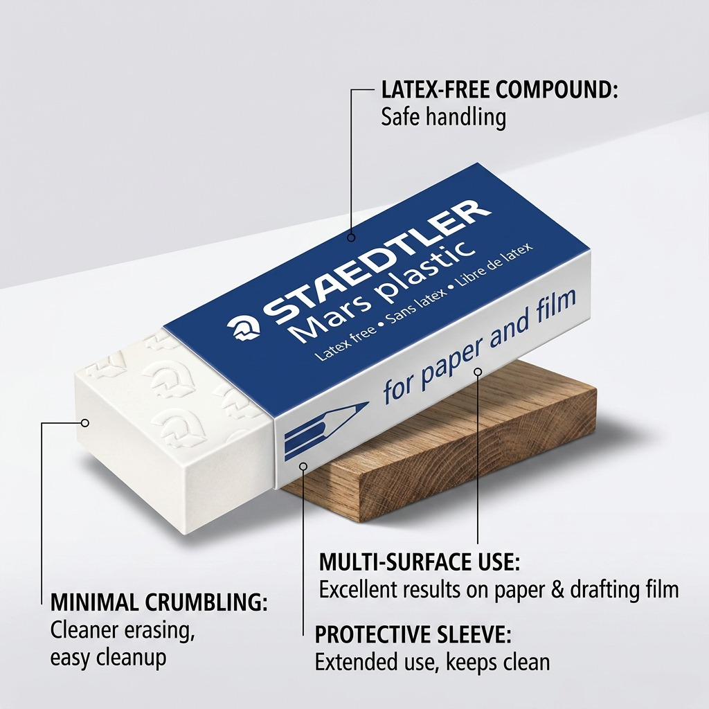 STAEDTLER Mars plastic – Gomme à effacer blanche, réf. 526-50-UP-04PE — caractéristiques illustrées