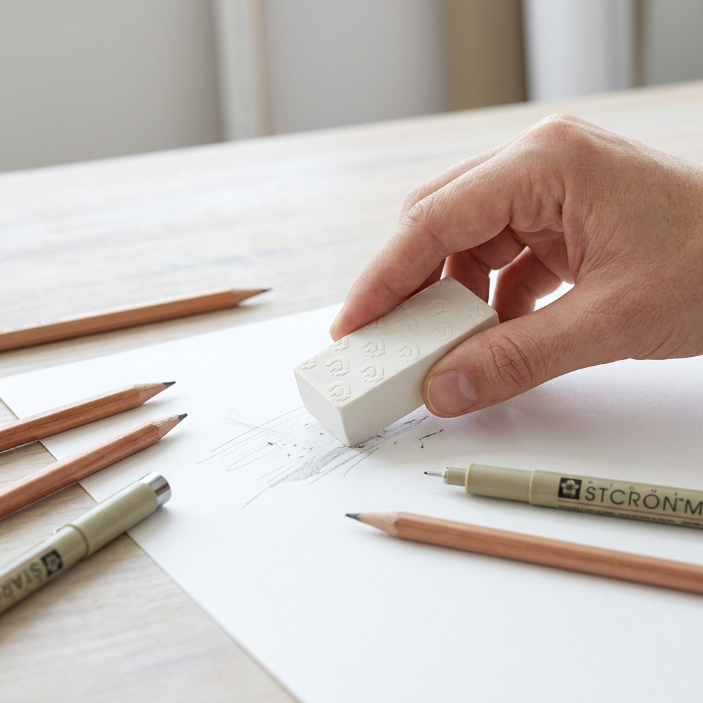 STAEDTLER Mars plastic – Gomme à effacer blanche, réf. 526-50-UP-04PE — vue en utilisation