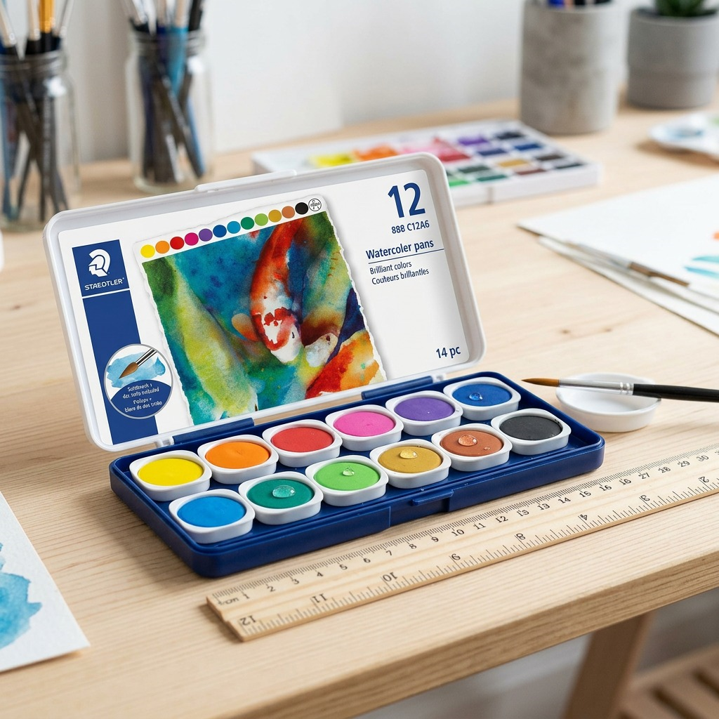 STAEDTLER (888 C12A6) 12 watercolour set for adults with koi art and brush on a pure white background.