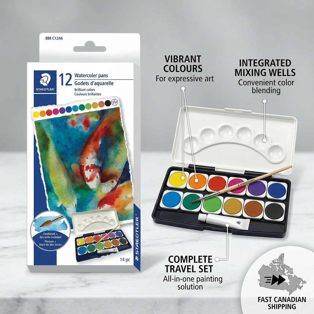 STAEDTLER – Lot de peinture aquarelle avec pinceau, réf. 888-C12A6-02 — caractéristiques illustrées