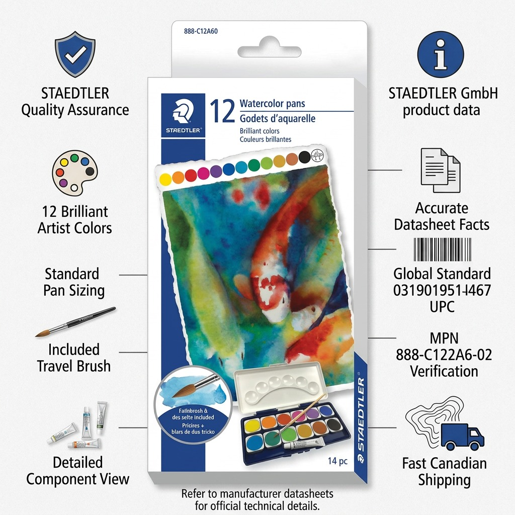 STAEDTLER – Lot de peinture aquarelle avec pinceau, réf. 888-C12A6-02 — caractéristiques illustrées