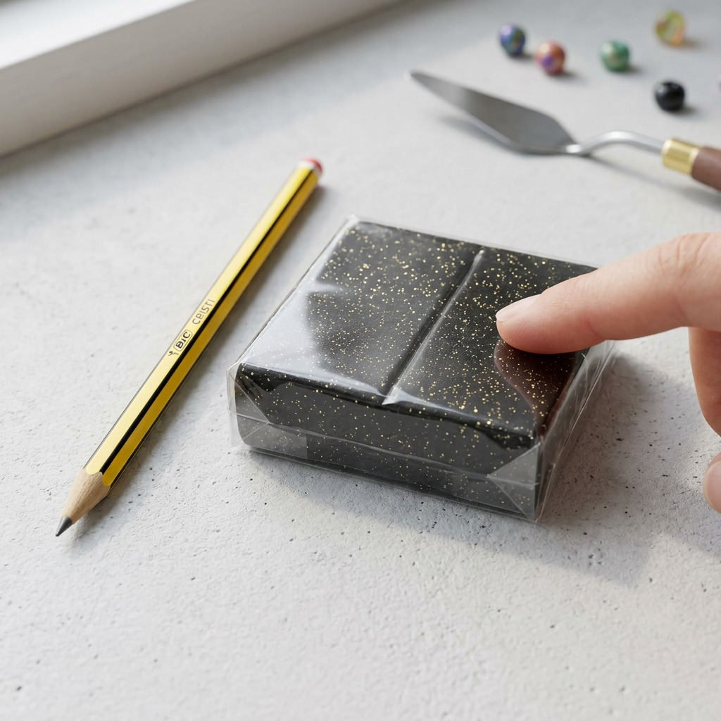 Pure studio photograph of one single 57g (2 oz) block of black Staedtler Fimo Effect Stardust polymer clay in its clear plastic packaging, showing the glitter finish, Staedtler and Fimo Effect branding, and weight, isolated on a perfect white background, centered with clean high-resolution details.