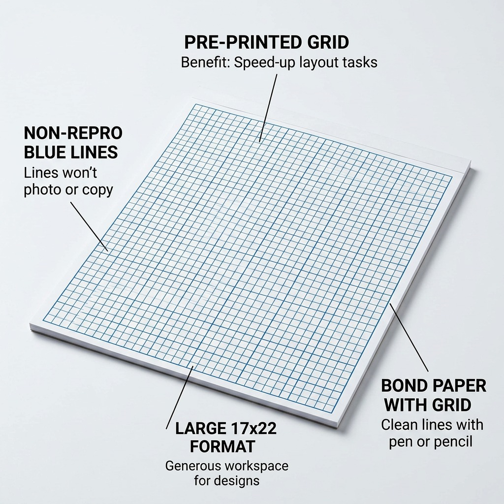 STAEDTLER – Bloc de papier quadrillé 4 × 4, 17 × 22 po, 50 feuilles, réf. 937-1722P402 — caractéristiques illustrées