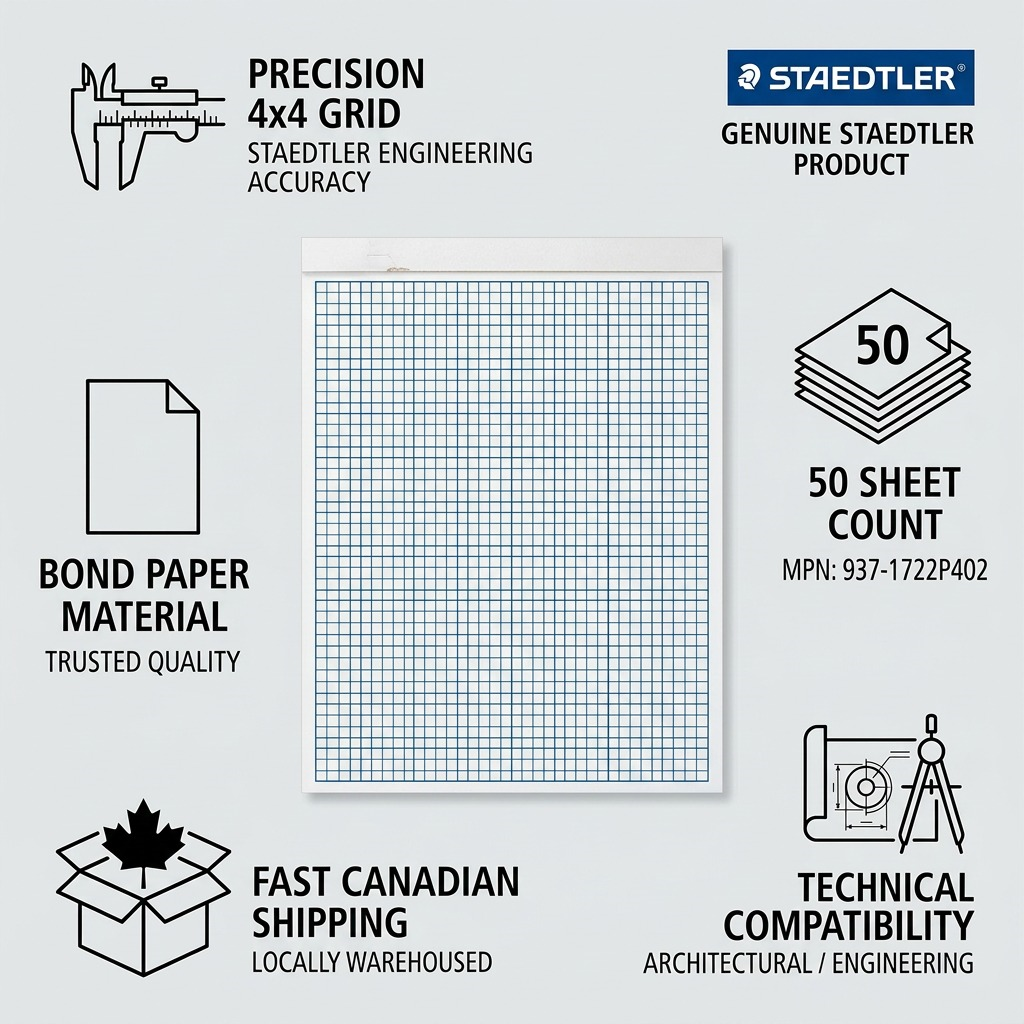 STAEDTLER – Bloc de papier quadrillé 4 × 4, 17 × 22 po, 50 feuilles, réf. 937-1722P402 — caractéristiques illustrées