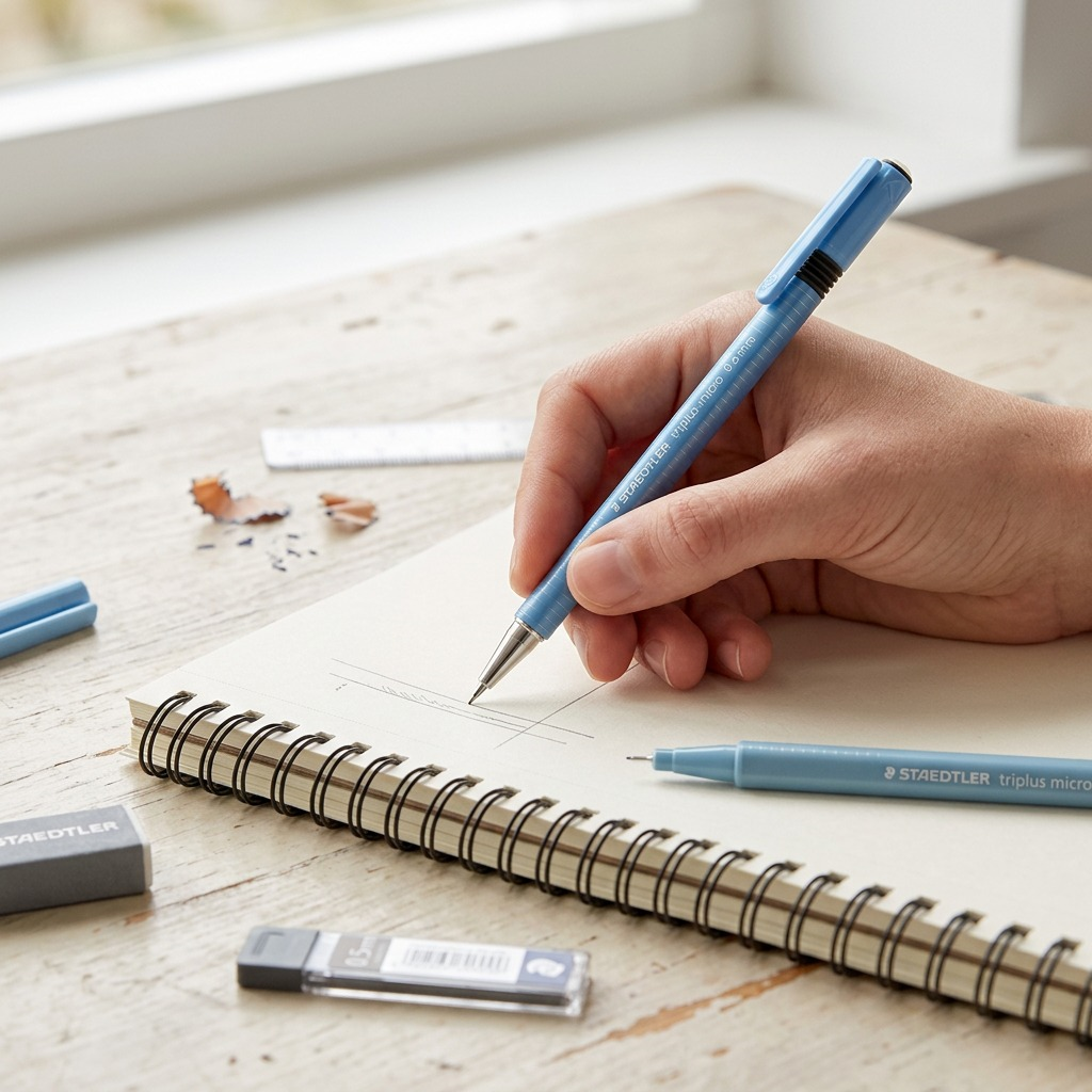 STAEDTLER triplus – Porte-mine 0,5 mm bleu, réf. 77425-30A6 — présentation en utilisation