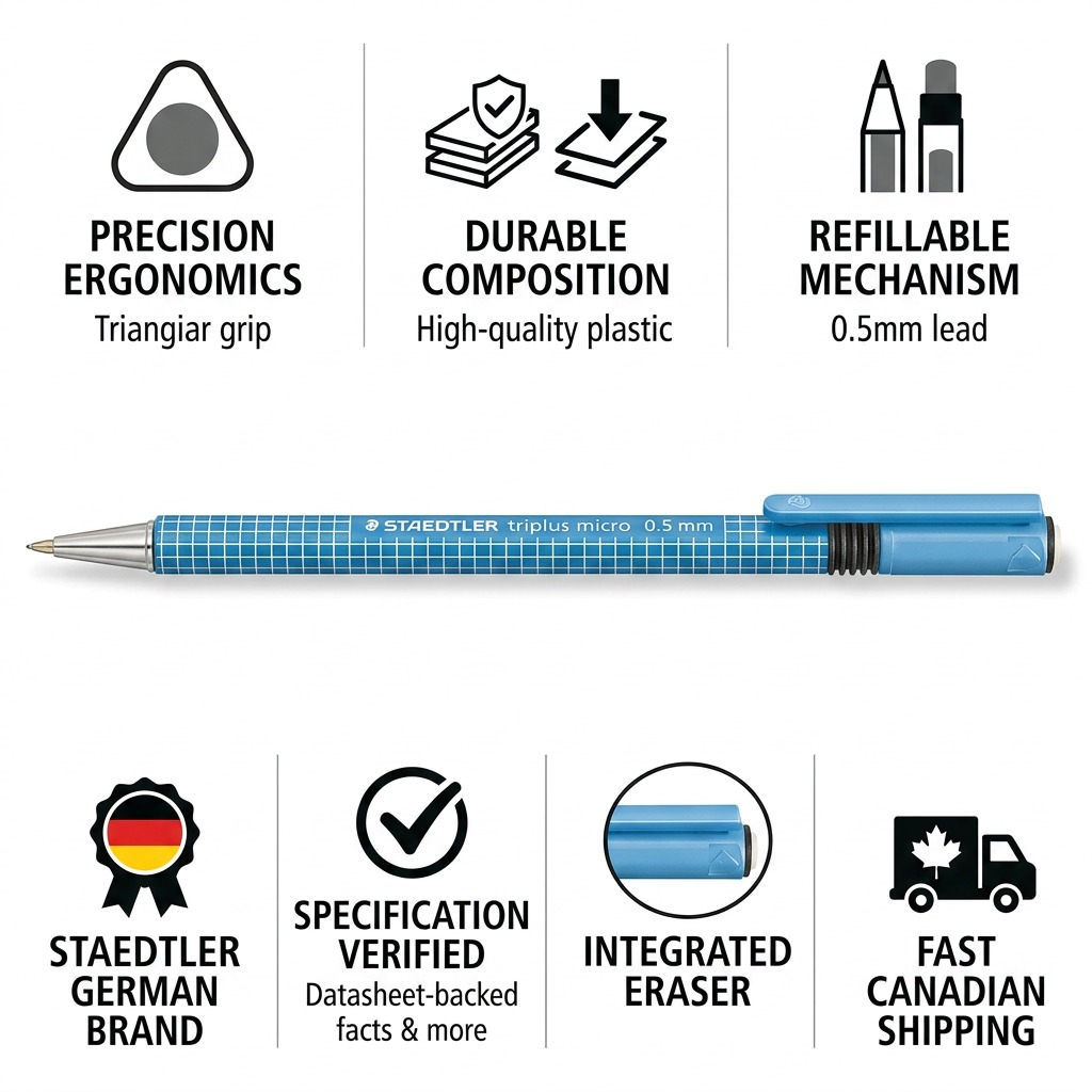 STAEDTLER triplus – Porte-mine 0,5 mm bleu, réf. 77425-30A6 — caractéristiques illustrées