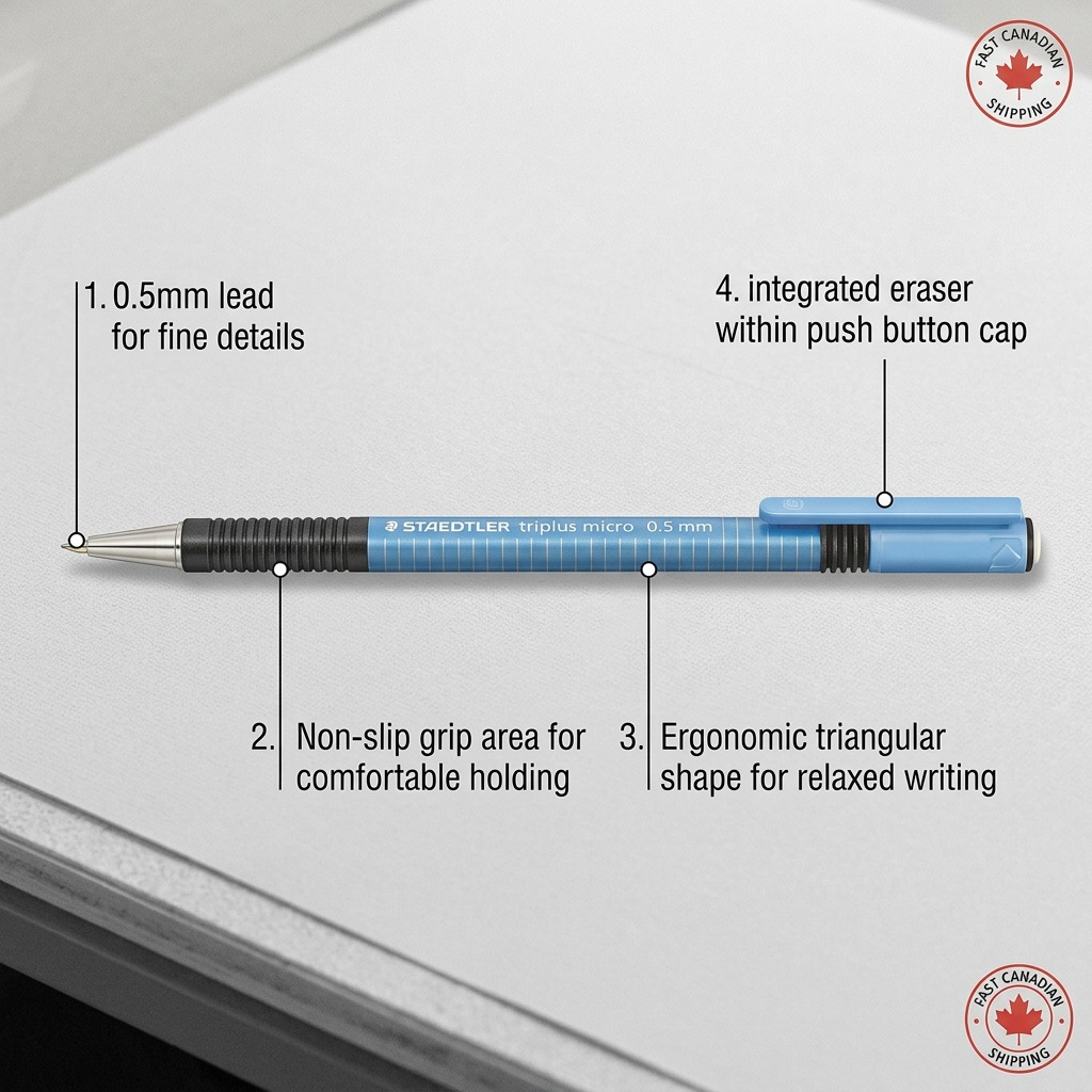 STAEDTLER triplus – Porte-mine 0,5 mm bleu, réf. 77425-30A6 — caractéristiques illustrées