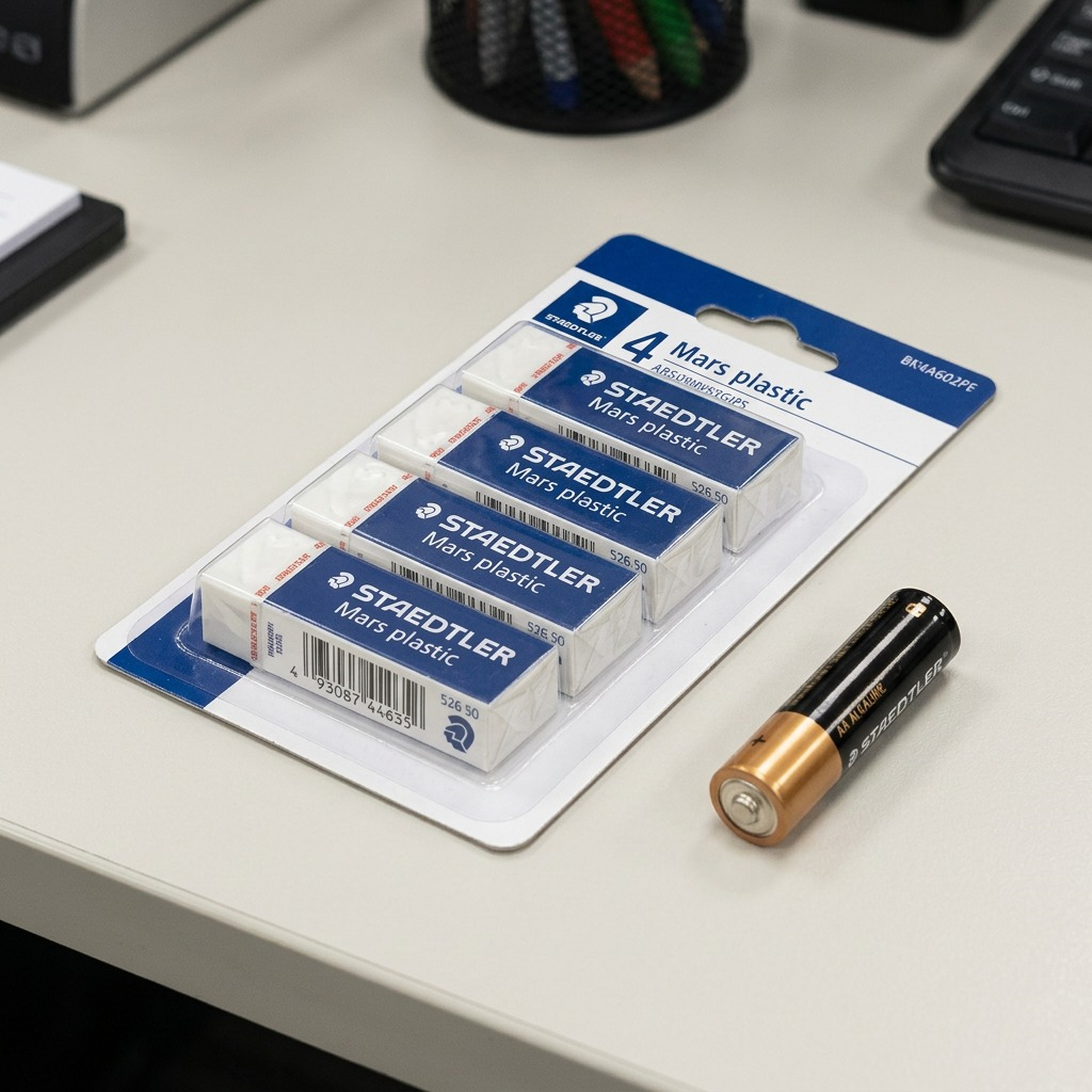 High-resolution hero shot of the STAEDTLER Mars plastic 4-pack eraser set, presented in its clear blister pack against a pure white background.