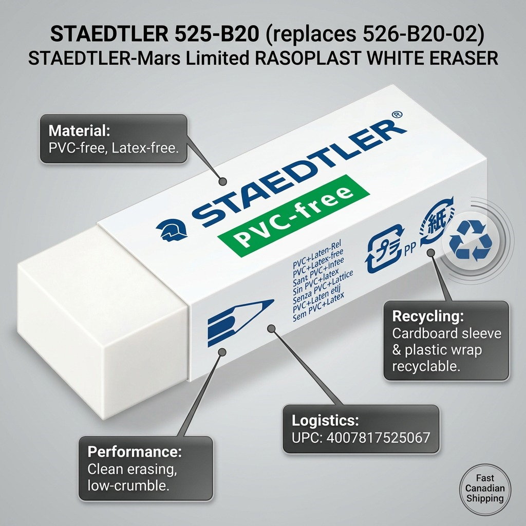 STAEDTLER Rasoplast – Gomme à effacer blanche, réf. 525-B20 — caractéristiques illustrées